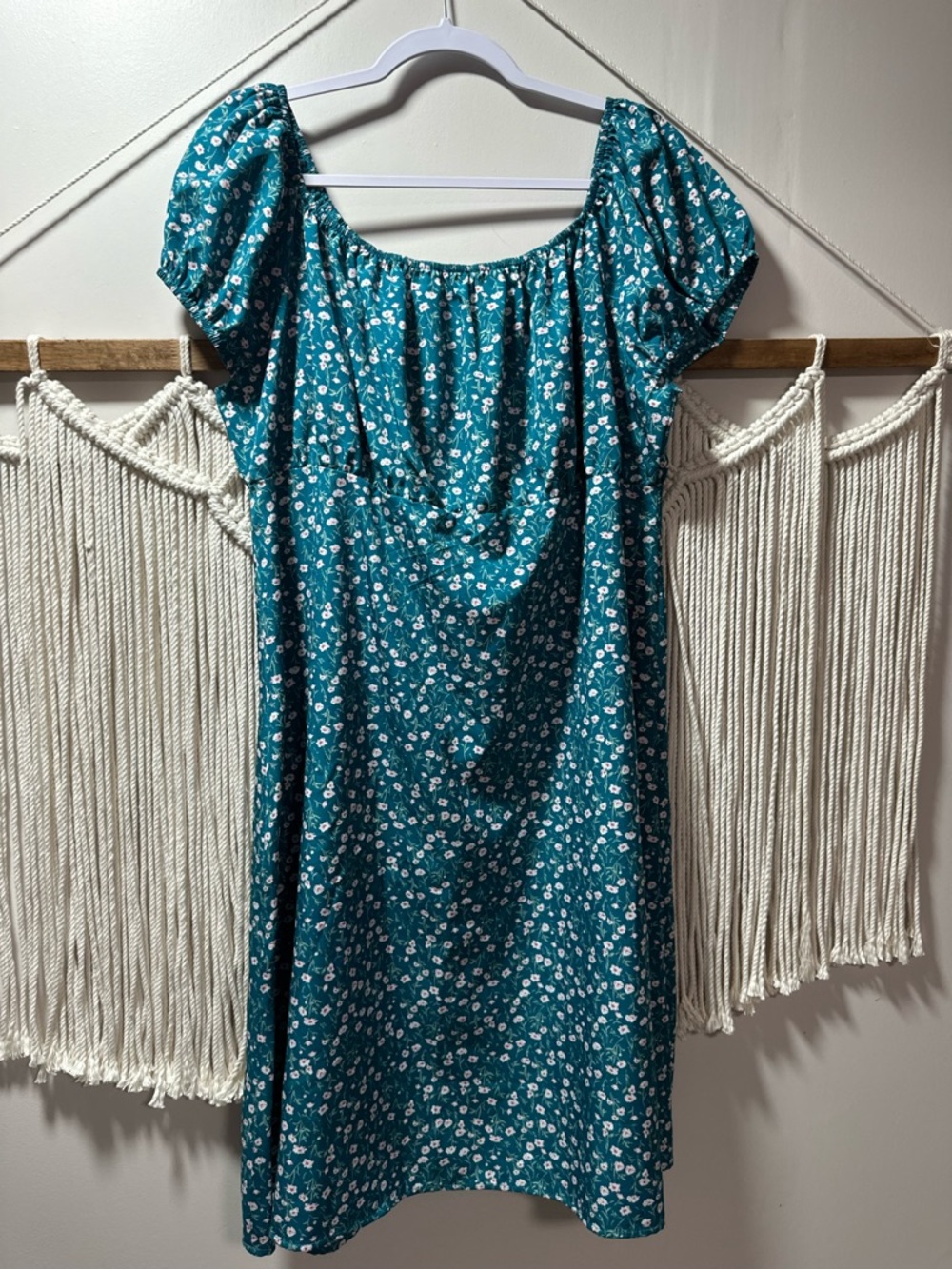SHEIN Teal Floral Square-Neck Puff Sleeve Mini Dress